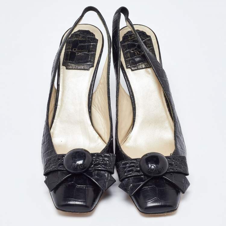 Pre Owned Dior Black Croc Embossed Leather Slingback Pumps Size 37.5