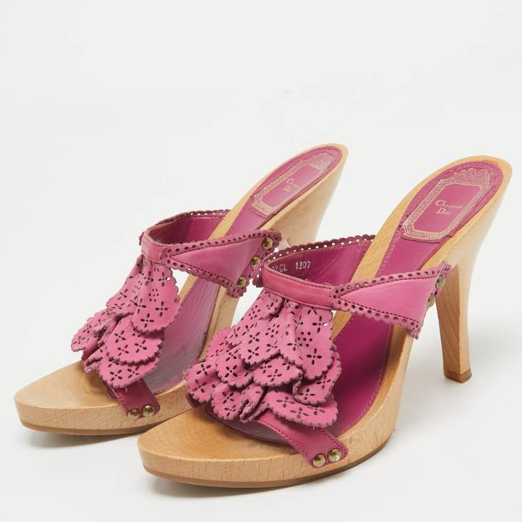 Pre Owned Dior Pink Leather Laser Cut Detail Clog Sandals Size 37
