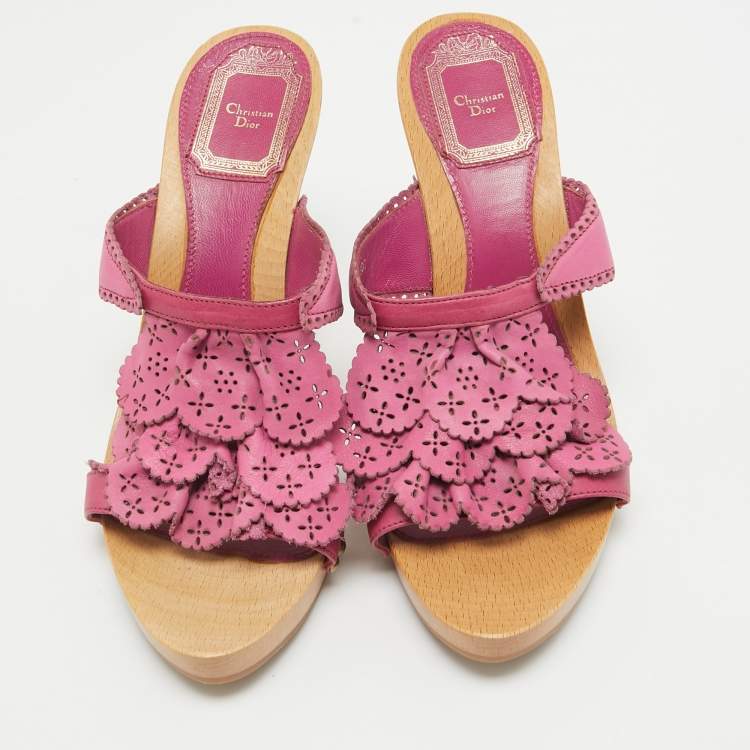 Pre Owned Dior Pink Leather Laser Cut Detail Clog Sandals Size 37