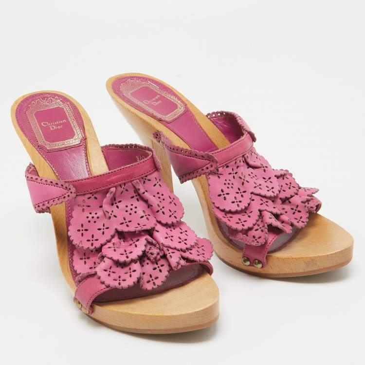 Pre Owned Dior Pink Leather Laser Cut Detail Clog Sandals Size 37