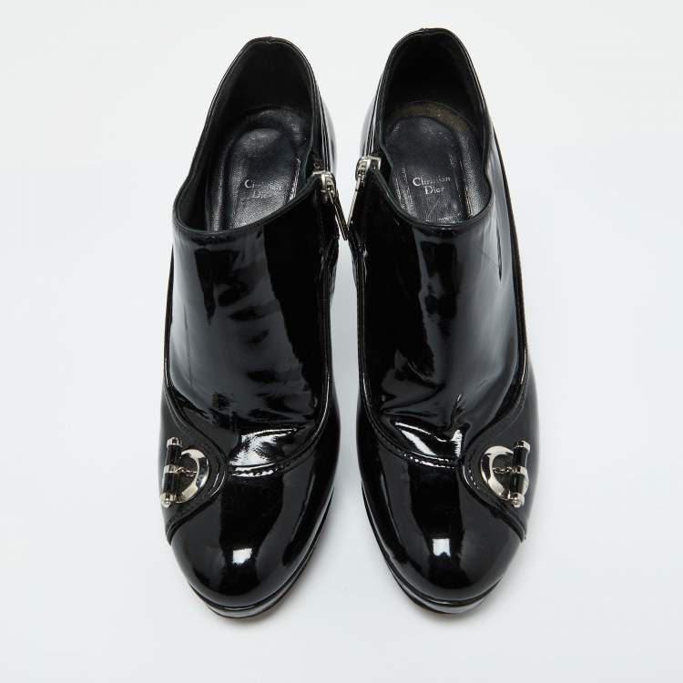 Pre Owned Dior Black Patent Leather Platform Zip Ankle Booties Size 38.5