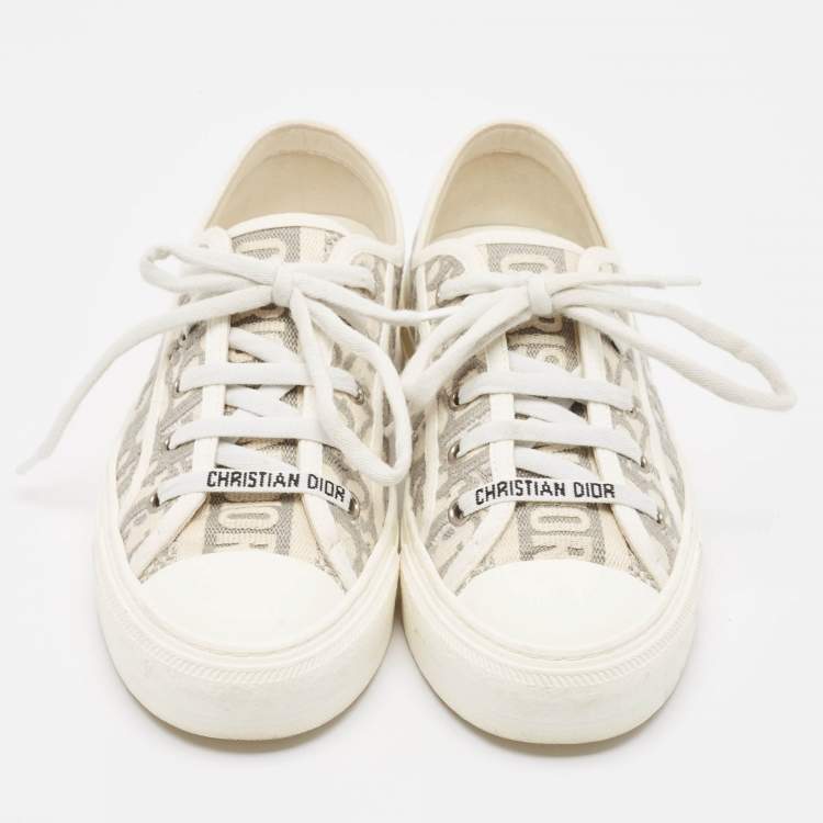 Pre Owned Dior Grey/Cream Canvas Walk'n'Dior Lace Up Sneakers Size 37