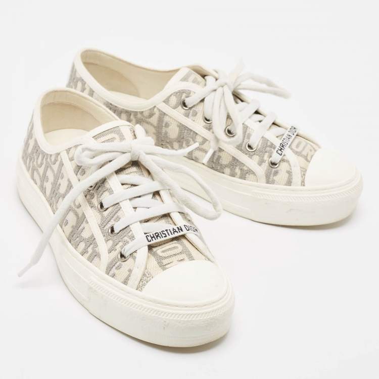 Pre Owned Dior Grey/Cream Canvas Walk'n'Dior Lace Up Sneakers Size 37