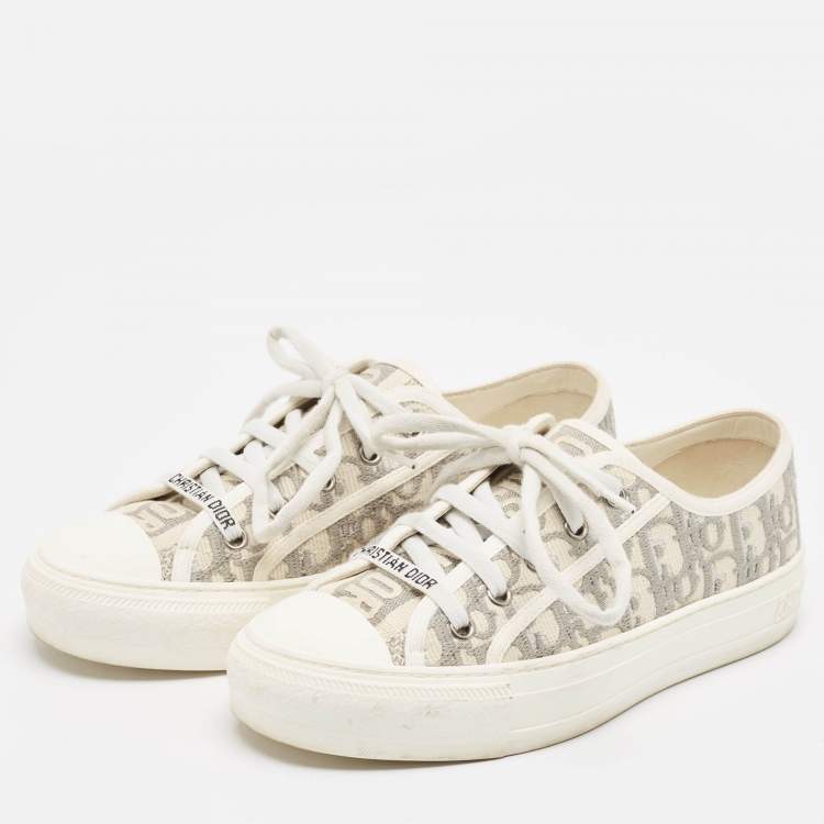 Pre Owned Dior Grey/Cream Canvas Walk'n'Dior Lace Up Sneakers Size 37