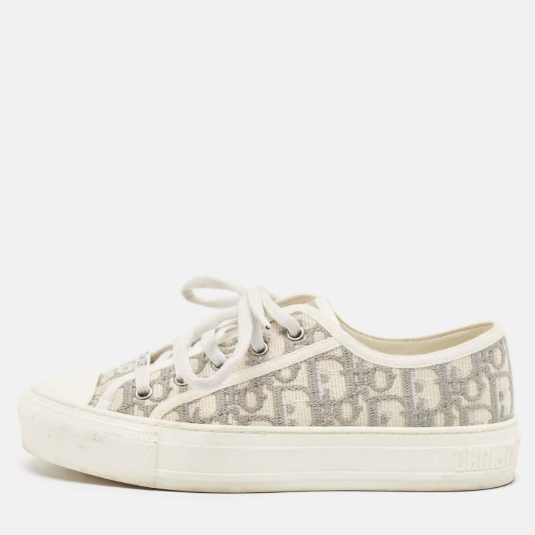 Pre Owned Dior Grey/Cream Canvas Walk'n'Dior Lace Up Sneakers Size 37