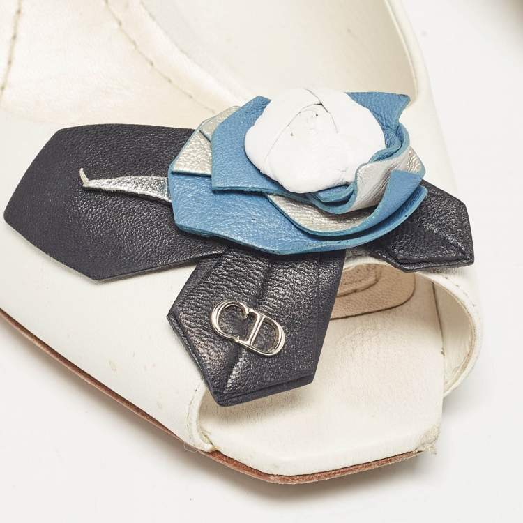 Pre Owned Dior White Leather Flower Applique Peep Toe Pumps Size 37.5
