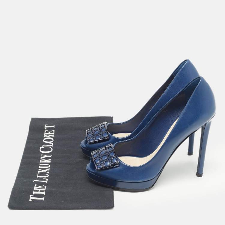 مملوكة مسبقًا Dior Navy Blue Leather Peep Toe Platform Pumps Size 36