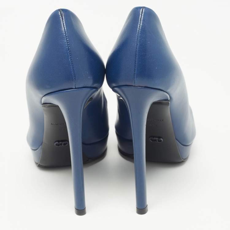 مملوكة مسبقًا Dior Navy Blue Leather Peep Toe Platform Pumps Size 36