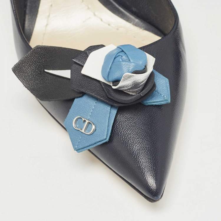 Pre Owned Dior Navy Blue Leather Flower Applique Pumps Size 38.5