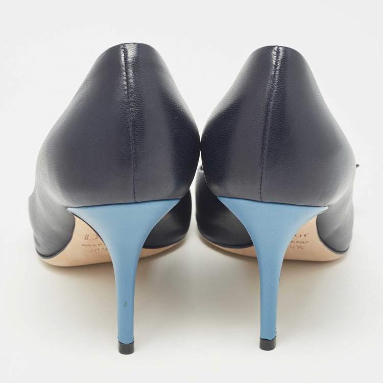 Pre Owned Dior Navy Blue Leather Flower Applique Pumps Size 38.5