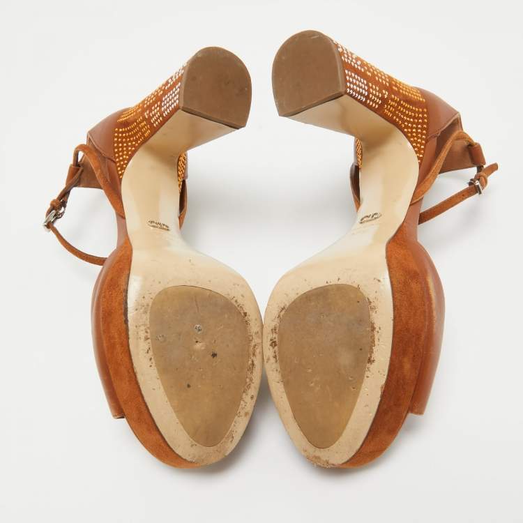 Pre Owned Dior Brown Leather Embellished Block Heel Ankle Strap Sandals Size 37.5