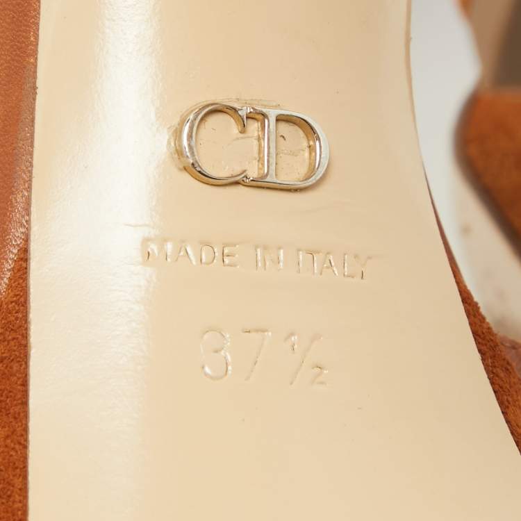 Pre Owned Dior Brown Leather Embellished Block Heel Ankle Strap Sandals Size 37.5