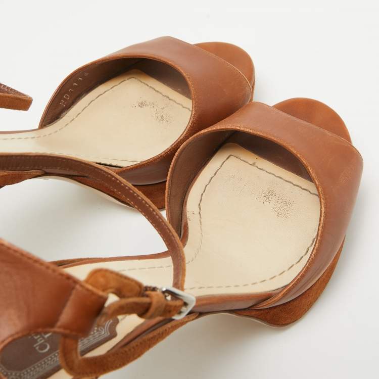 Pre Owned Dior Brown Leather Embellished Block Heel Ankle Strap Sandals Size 37.5