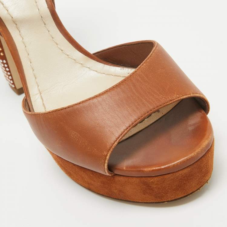 Pre Owned Dior Brown Leather Embellished Block Heel Ankle Strap Sandals Size 37.5