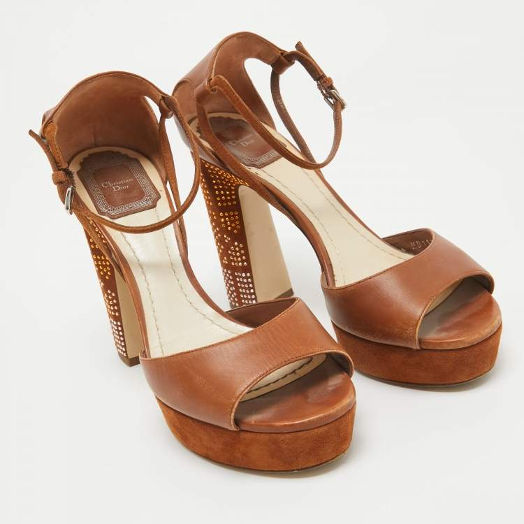 Pre Owned Dior Brown Leather Embellished Block Heel Ankle Strap Sandals Size 37.5