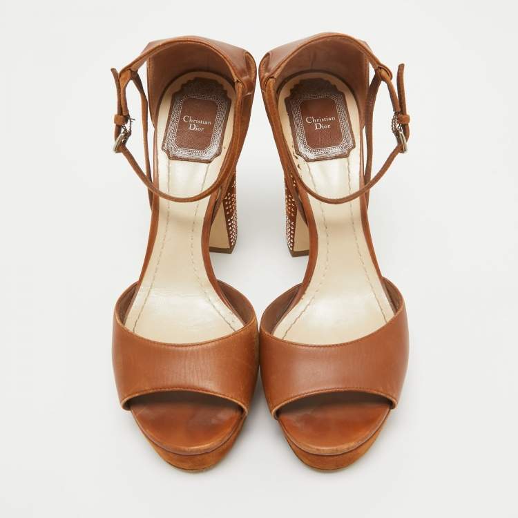 Pre Owned Dior Brown Leather Embellished Block Heel Ankle Strap Sandals Size 37.5