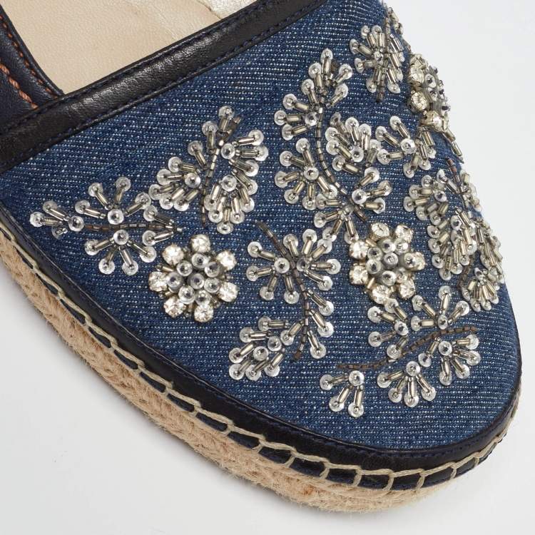 Pre Owned Dior Blue Canvas and Leather Crystal Embellished Espadrille Loafers Size 39 