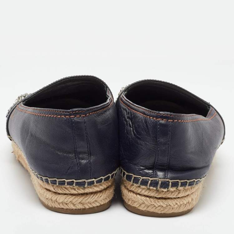 Pre Owned Dior Blue Canvas and Leather Crystal Embellished Espadrille Loafers Size 39 