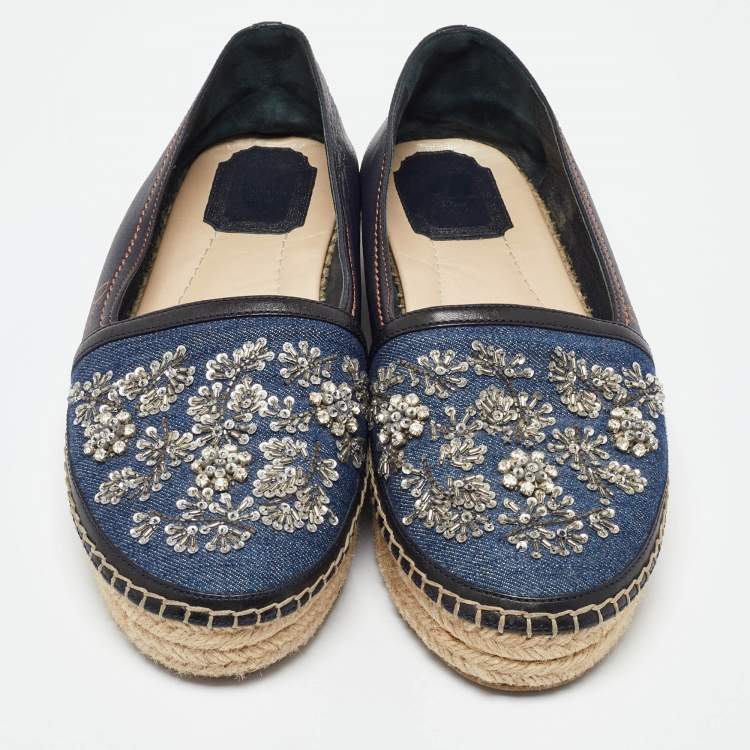 Pre Owned Dior Blue Canvas and Leather Crystal Embellished Espadrille Loafers Size 39 
