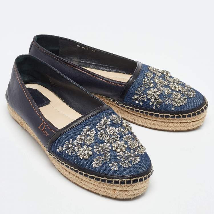 Pre Owned Dior Blue Canvas and Leather Crystal Embellished Espadrille Loafers Size 39 