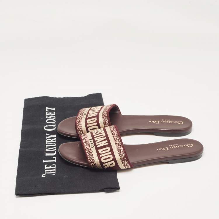Pre Owned Dior Burgundy/Cream Embroidered Canvas Dway Flat Slides Size 37