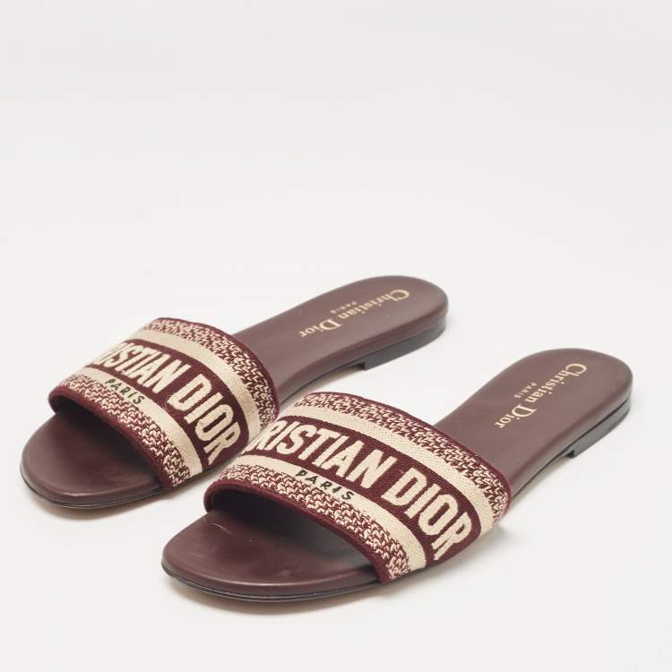Pre Owned Dior Burgundy/Cream Embroidered Canvas Dway Flat Slides Size 37