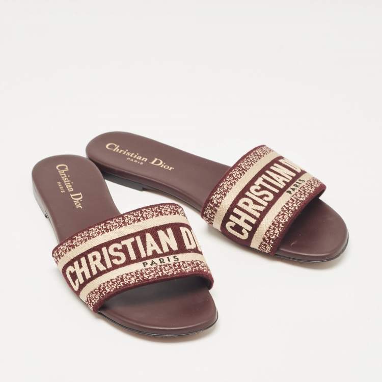 Pre Owned Dior Burgundy/Cream Embroidered Canvas Dway Flat Slides Size 37