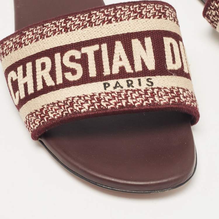 Pre Owned Dior Burgundy/Cream Embroidered Canvas Dway Flat Slides Size 37