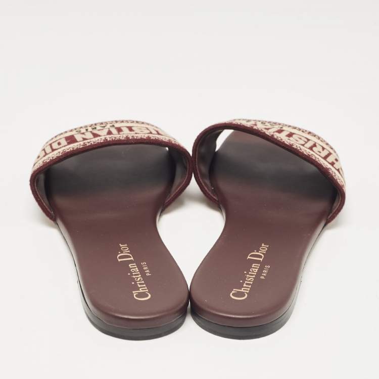Pre Owned Dior Burgundy/Cream Embroidered Canvas Dway Flat Slides Size 37