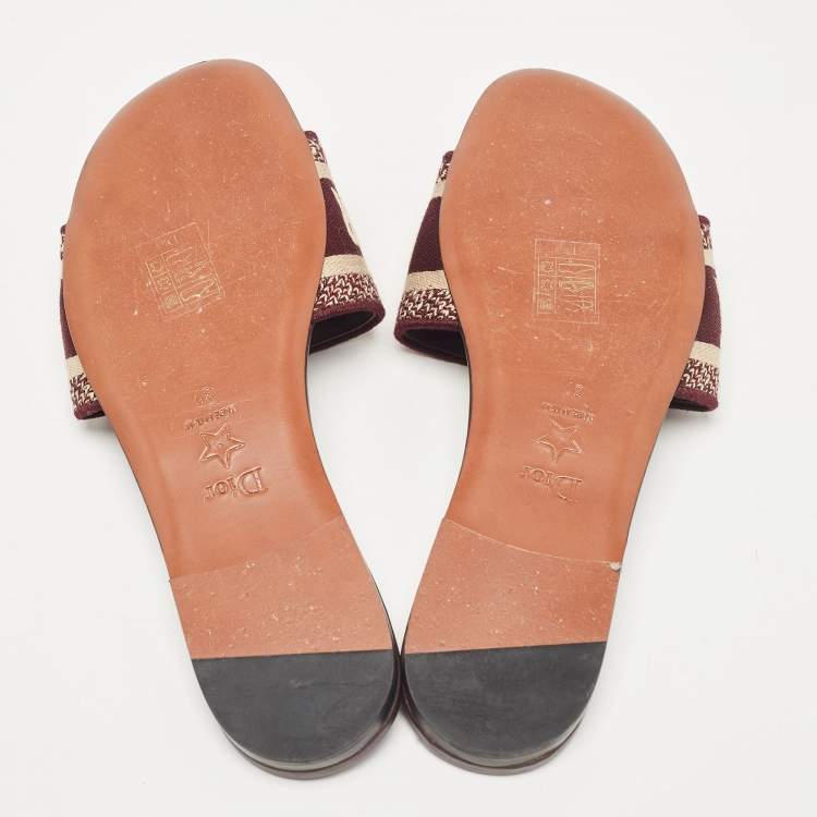Pre Owned Dior Burgundy/Cream Embroidered Canvas Dway Flat Slides Size 37