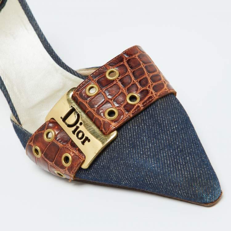 Pre Owned Dior Blue/Brown Denim and Croc Embossed Leather Denim Mules Size 36.5