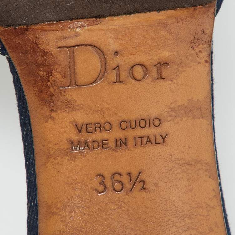 Pre Owned Dior Blue/Brown Denim and Croc Embossed Leather Denim Mules Size 36.5