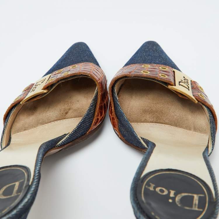 Pre Owned Dior Blue/Brown Denim and Croc Embossed Leather Denim Mules Size 36.5