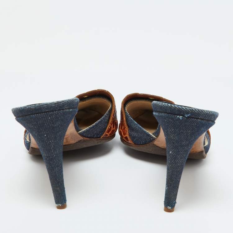 Pre Owned Dior Blue/Brown Denim and Croc Embossed Leather Denim Mules Size 36.5