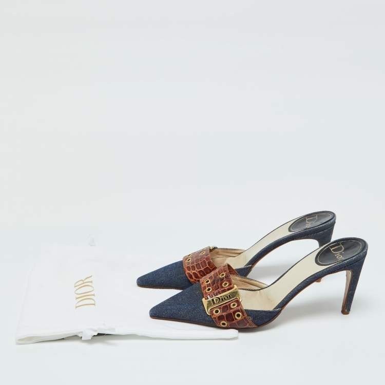 Pre Owned Dior Blue/Brown Denim and Croc Embossed Leather Denim Mules Size 36.5