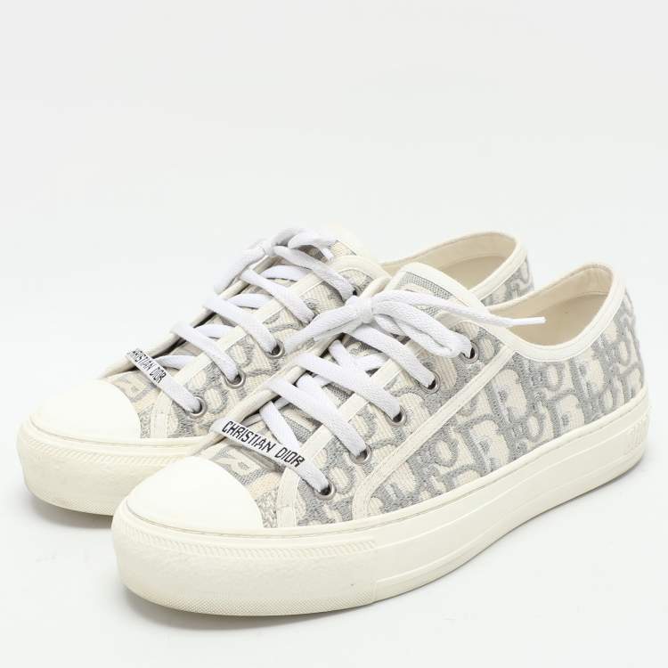 Pre Owned Dior Grey/White Oblique Embroidered Fabric Walk'n'Dior Low Top Sneakers Size 38.5