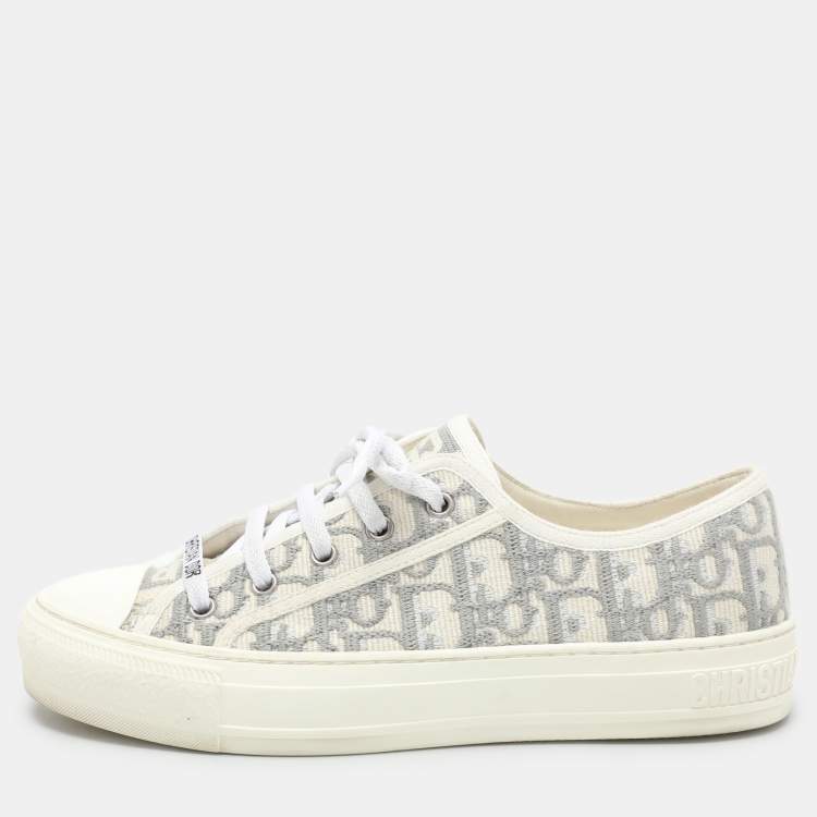 Pre Owned Dior Grey/White Oblique Embroidered Fabric Walk'n'Dior Low Top Sneakers Size 38.5
