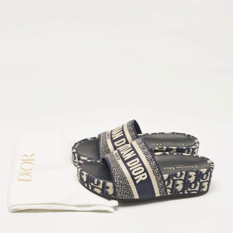 Pre Owned Dior Navy Blue/White Embroidered Canvas D-Way Platform Sandals Size 36