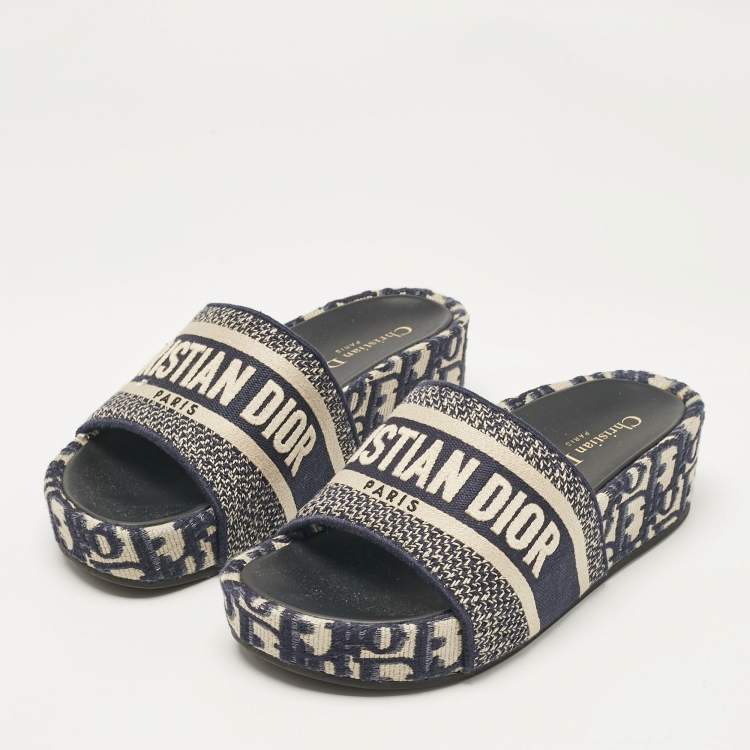 Dior Navy Blue/White Embroidered Canvas D-Way Platform Sandals
