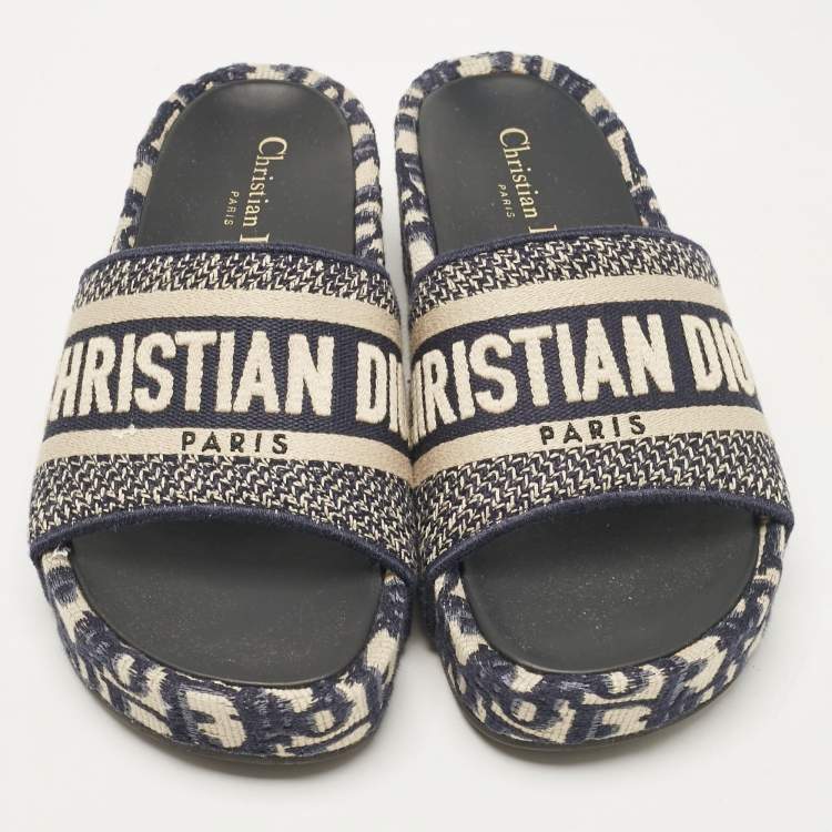 Pre Owned Dior Navy Blue/White Embroidered Canvas D-Way Platform Sandals Size 36