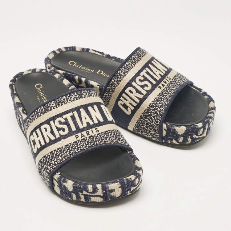 Pre Owned Dior Navy Blue/White Embroidered Canvas D-Way Platform Sandals Size 36
