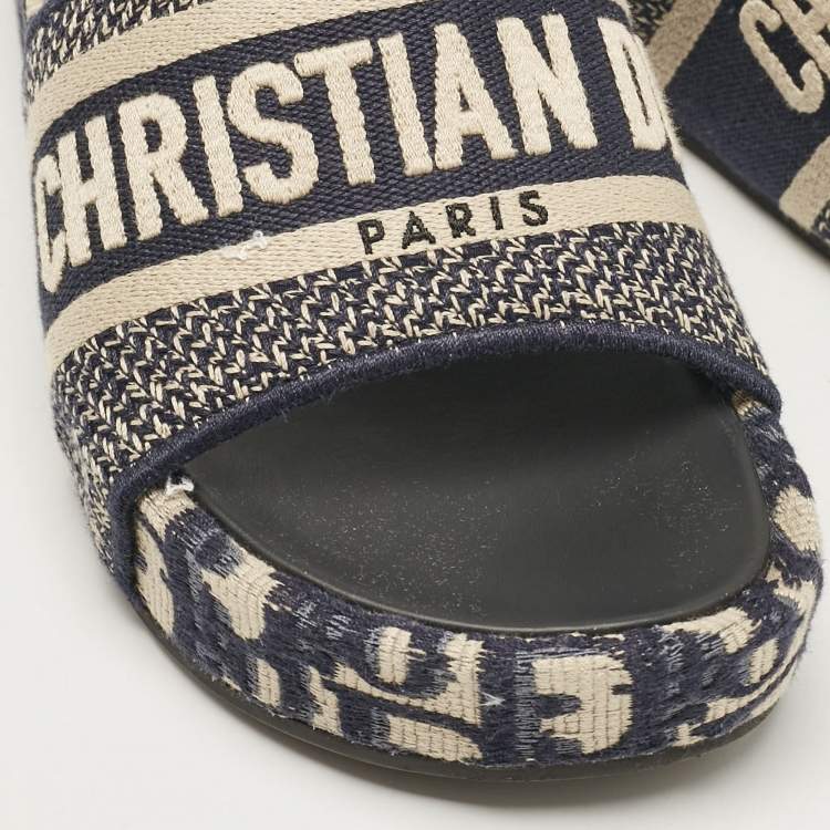 Pre Owned Dior Navy Blue/White Embroidered Canvas D-Way Platform Sandals Size 36