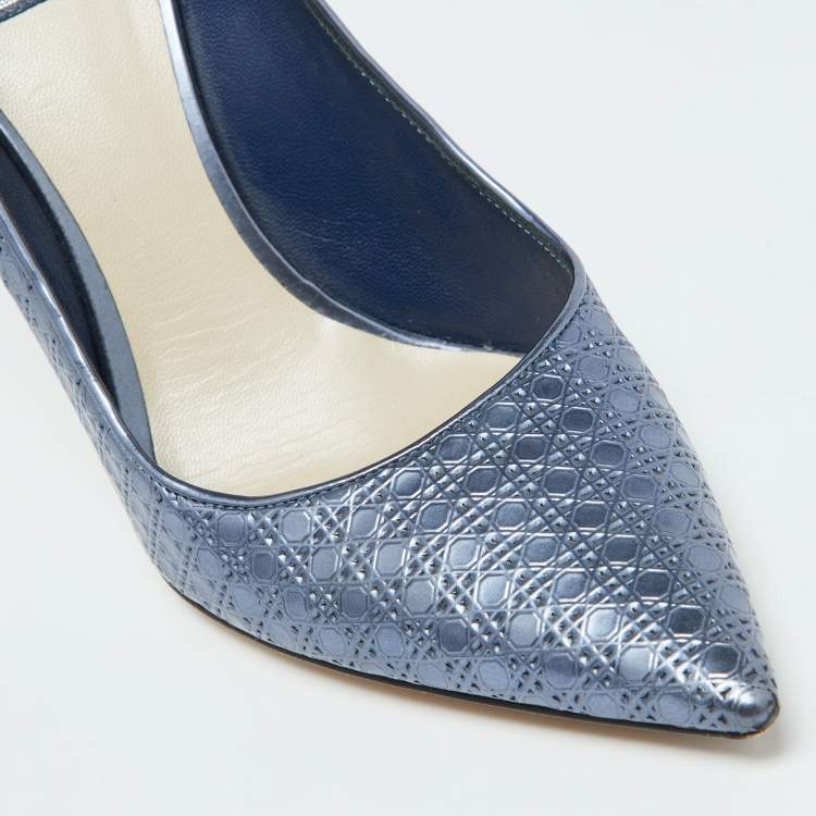 Pre Owned Dior Metallic Blue Cannage Patent Leather Cherie Pointed Toe Pumps Size 38