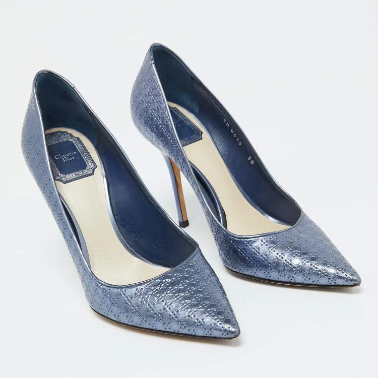 Pre Owned Dior Metallic Blue Cannage Patent Leather Cherie Pointed Toe Pumps Size 38