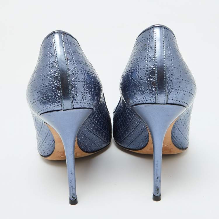 Pre Owned Dior Metallic Blue Cannage Patent Leather Cherie Pointed Toe Pumps Size 38