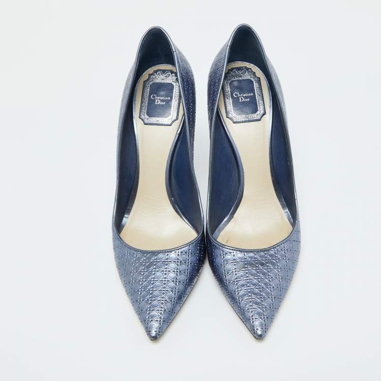 Pre Owned Dior Metallic Blue Cannage Patent Leather Cherie Pointed Toe Pumps Size 38