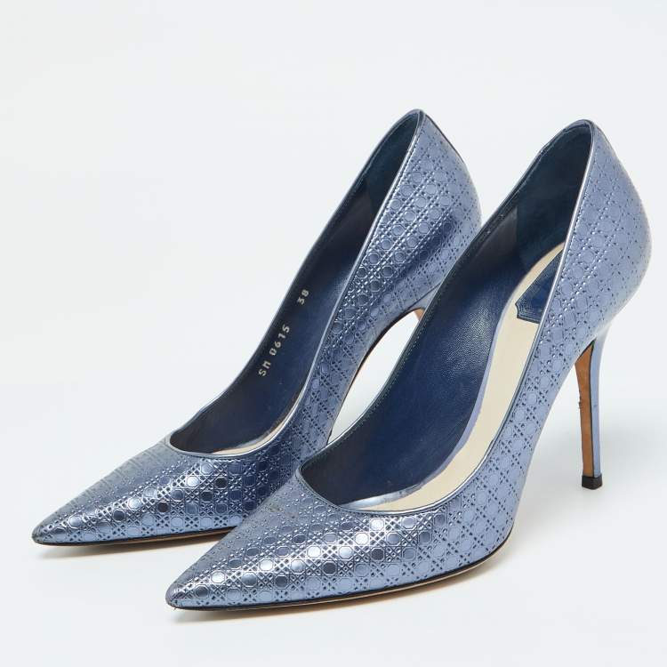 Pre Owned Dior Metallic Blue Cannage Patent Leather Cherie Pointed Toe Pumps Size 38