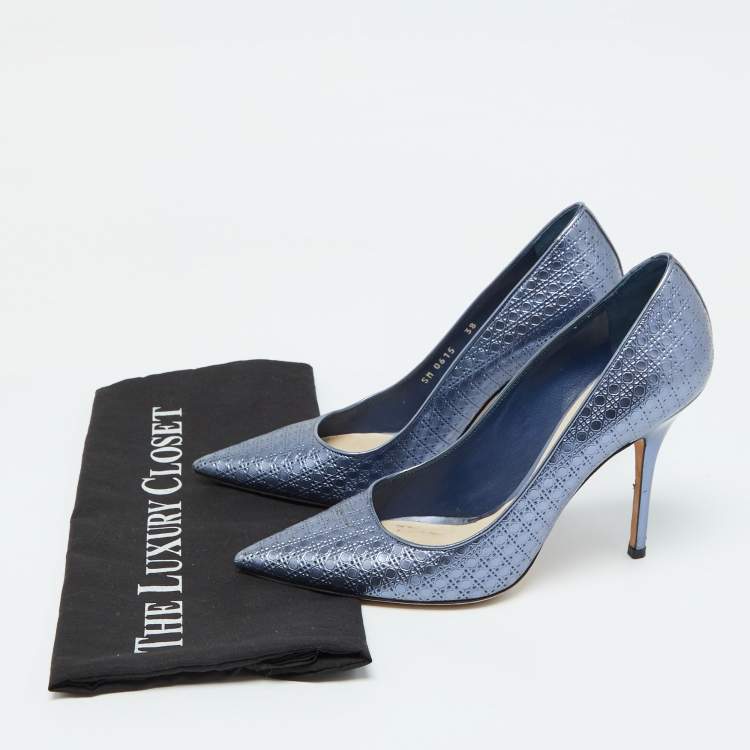 Pre Owned Dior Metallic Blue Cannage Patent Leather Cherie Pointed Toe Pumps Size 38