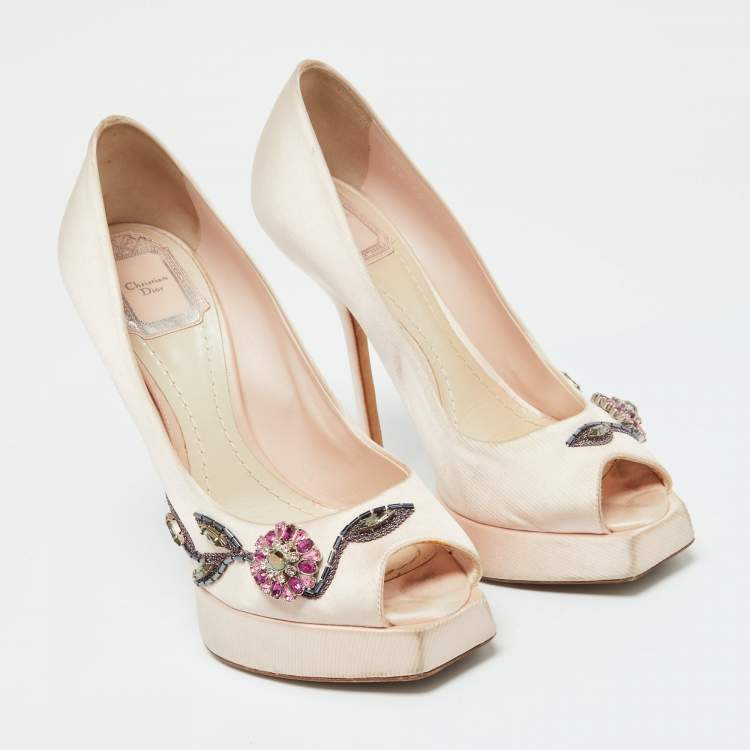 Pre Owned Dior Peach Satin Embellished Peep Toe Platform Pumps Size 38