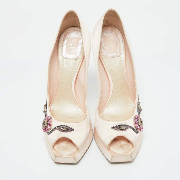 Pre Owned Dior Peach Satin Embellished Peep Toe Platform Pumps Size 38
